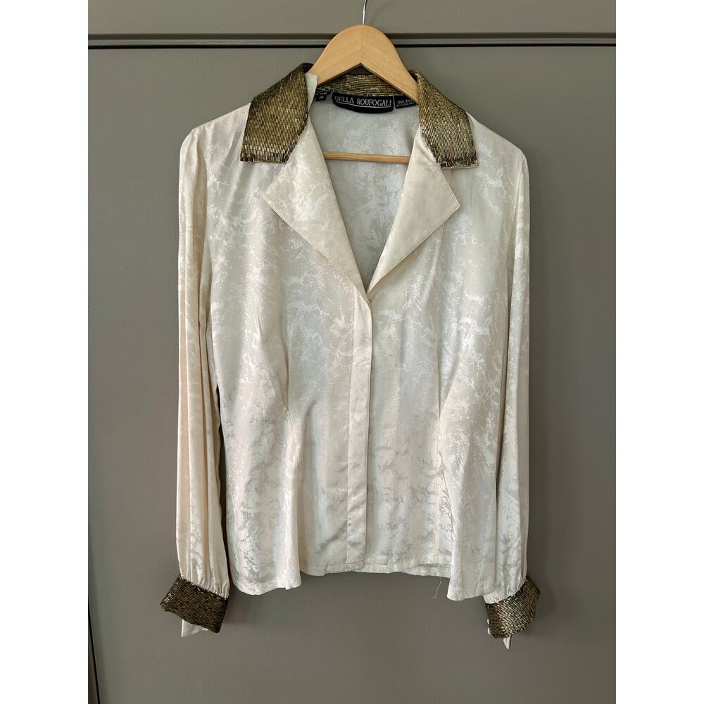 Vtg Della Roufogali 100% Silk Blouse Ivory Jacquard Gold Mesh Collar Cuffs rare